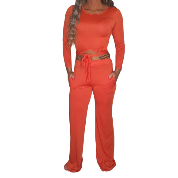 Red Satin Top Sweatpants Matching Set Womens Small Stretchy Cropped Top Wide Leg - Picture 2 of 6